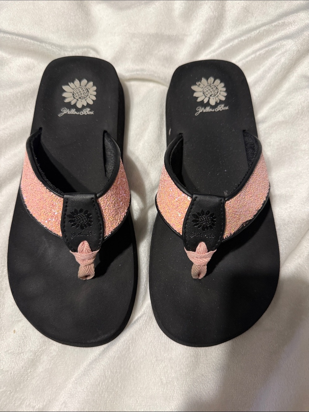 Yellow Box Pink Glitter Thong Sandals with Black Footbed